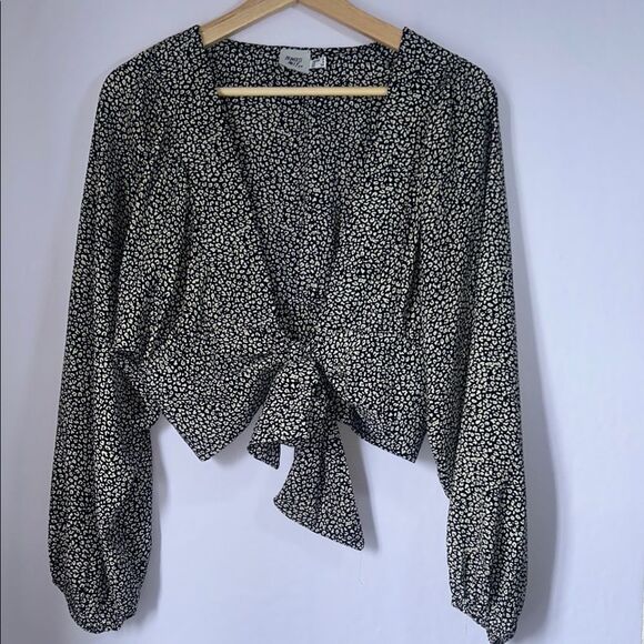 Princess Polly Black Tan Print Top Long Sleeve Wrap Splice Size 4 Blouse - Picture 1 of 7